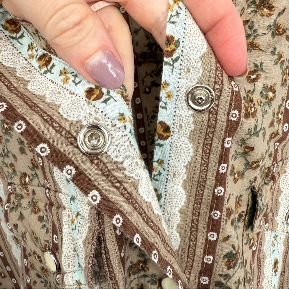 Vintage VIEW Cottagecore Floral Grannycore Snap Button Down Top Brown XL - Picture 7 of 10